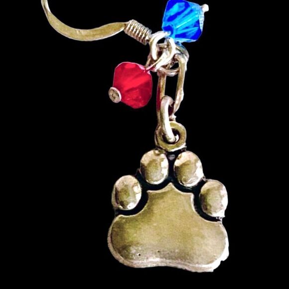 KU Just Cute Dangle Silver Paws Earrings With Red/blue accent crystals. - Picture 7 of 10